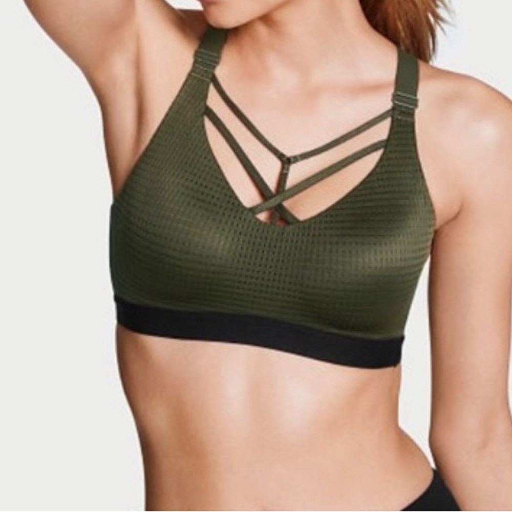 Victoria's Secret Lightweight Sports Bra Olive Green Mesh Strappy Adjustable
